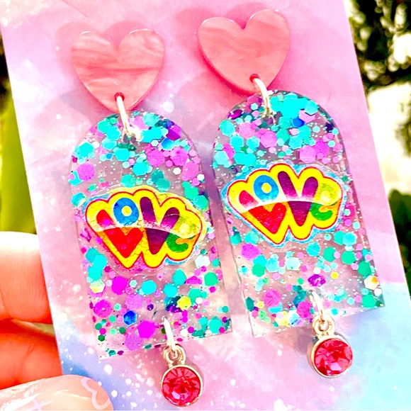 Lisa Frank Love Sticker Earrings - Picture 1 of 4